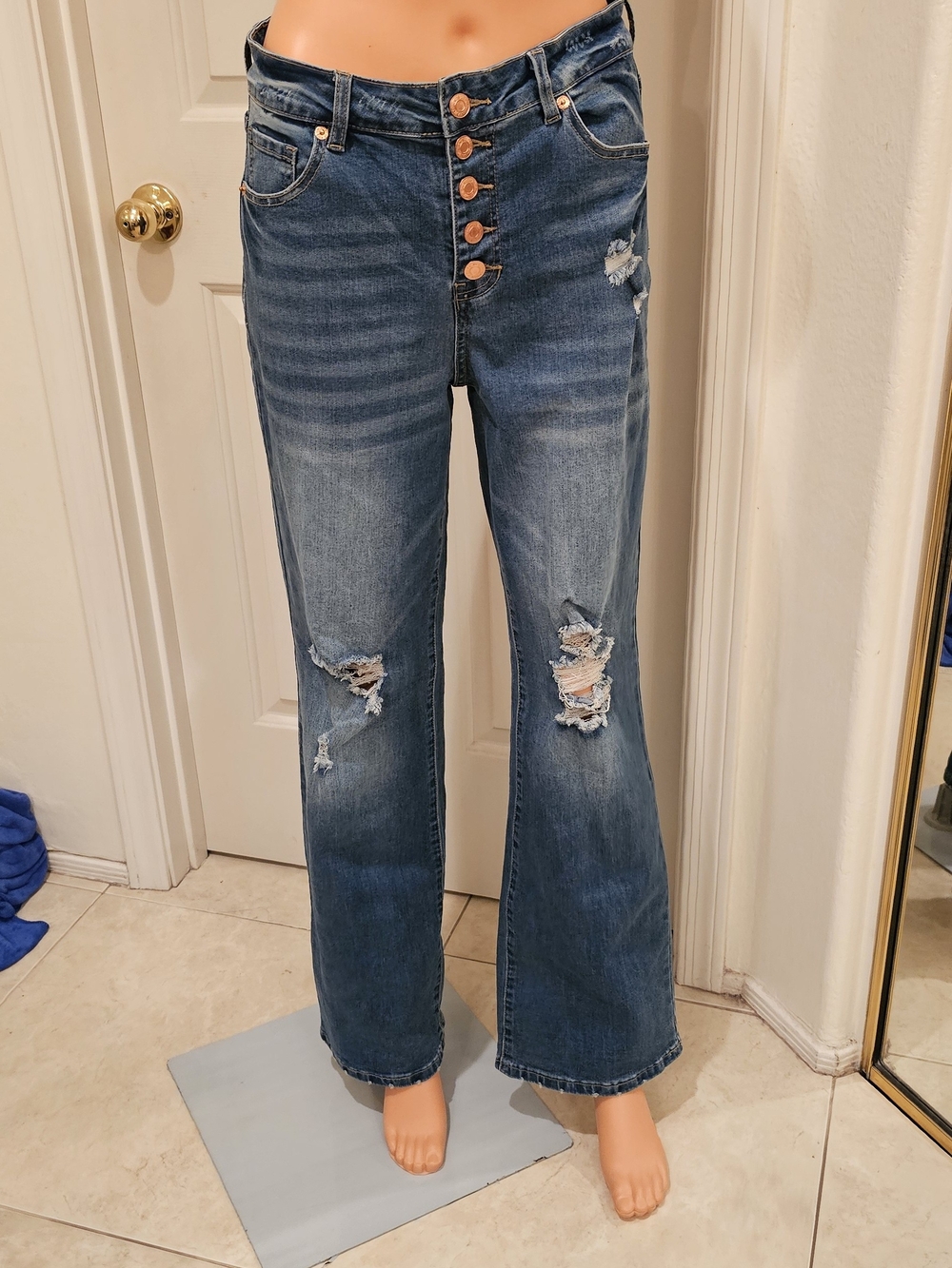 High-Rise Distressed Flare Jeans - Medium Blue